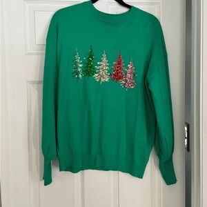 Vine & Love Green Sweater with Colorful Tree Embellishments